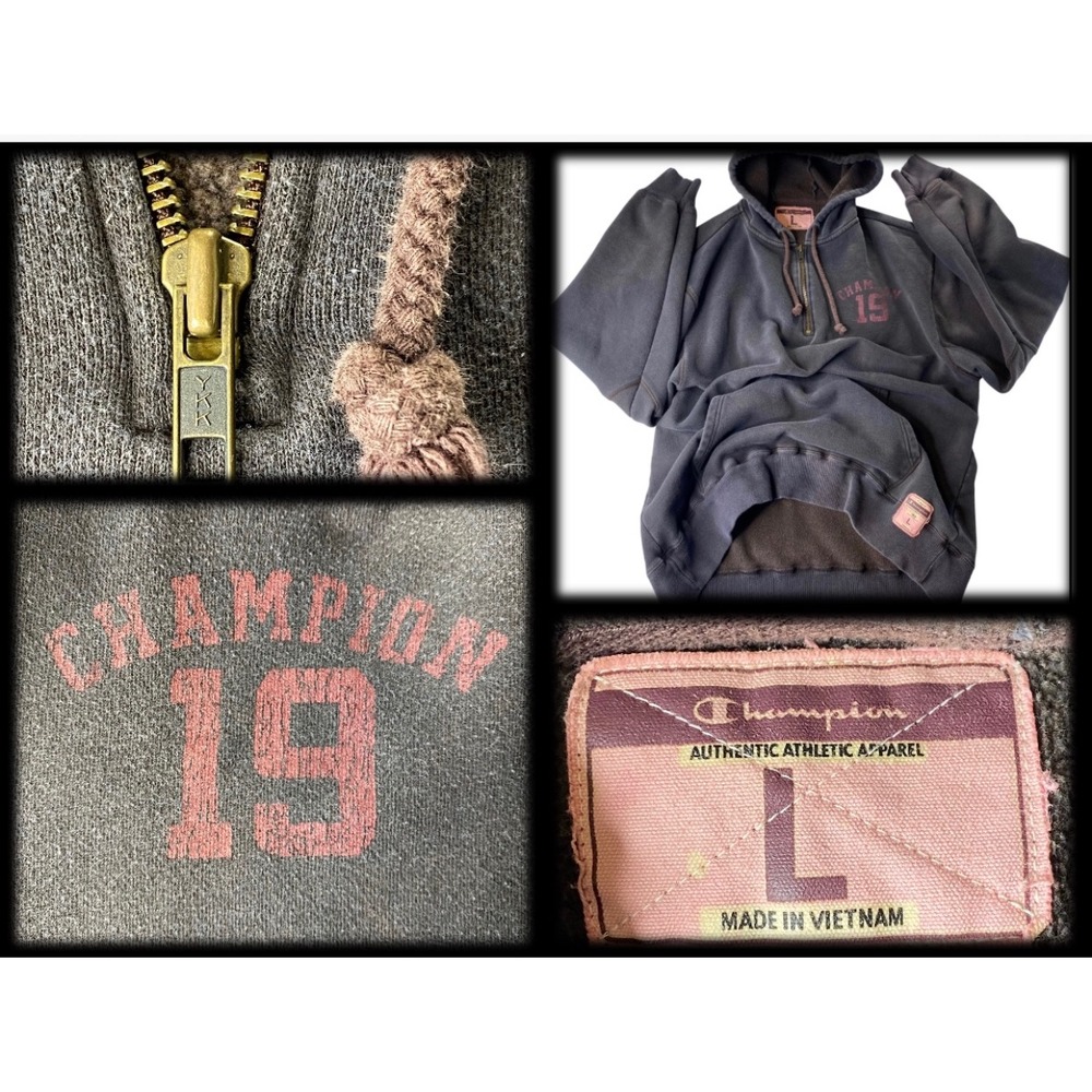 VTG Y2K Champion Hoodie Large 1/4 Zip Sweatshirt Faded Black Grunge Distressed